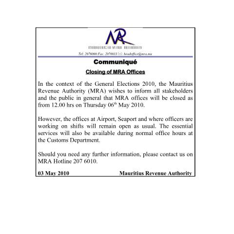 Document preview: Closing of Offices (03.05.2010) — Document, Mauritius (CERFA n°ClosingOffice)