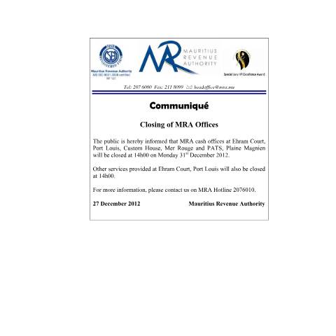 Document preview: Closing of MRA Offices (27.12.2012) — Document, Mauritius (CERFA n°ClosingMRAoffice2012)