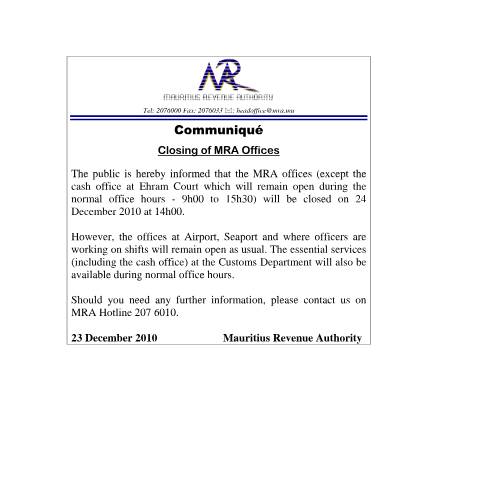 Document preview: Closing of MRA Offices (23.12.2010) — Notice / Circular, Mauritius (CERFA n°CommuniqueClosingMRAoffice24122010)