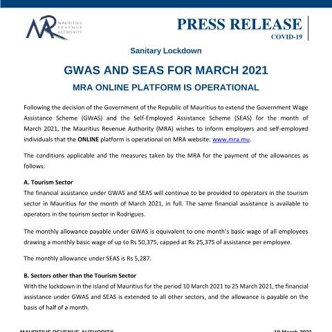 Document preview: GWAS and SEAS for March 2021 : MRA Online Platform is operational — Document, Mauritius (CERFA n°PressReleaseSEASNGWAS190321)