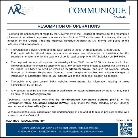 Document preview: Resumption of operations (31.03.21) — Document, Mauritius (CERFA n°Resumptions310321)
