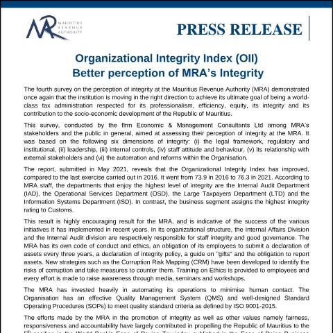Document preview: Organizational Integrity Index (OII) : Better perception of MRA’s Integrity (14.06.21) — Document, Mauritius (CERFA n°PressRelease140621)