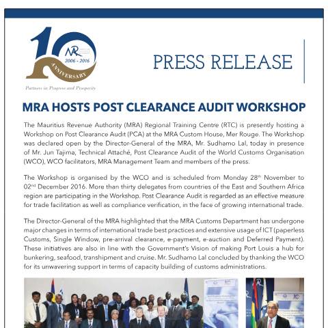 Document preview: MRA hosts Post Clearance Audit Workshop (28.11.16) — Document, Mauritius (CERFA n°PCAWorkshop)