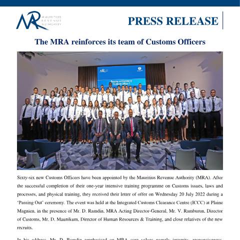 Document preview: The MRA reinforces its team of Customs Officers — Document, Mauritius (CERFA n°PressReleasePassingOut280722)