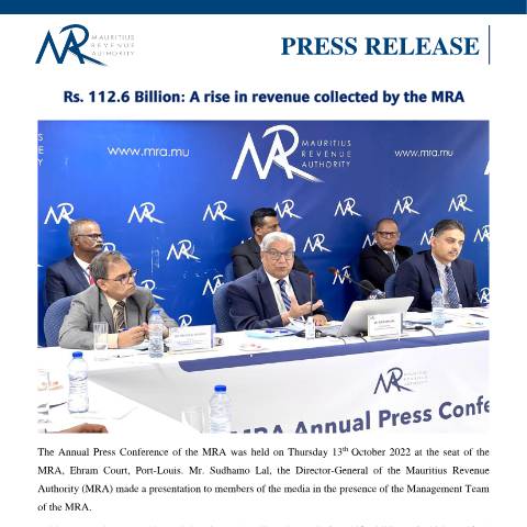 Document preview: Rs 112.6 Billion : A rise in revenue collected by the MRA (14.10.22) — Document, Mauritius (CERFA n°PressRelease141022)