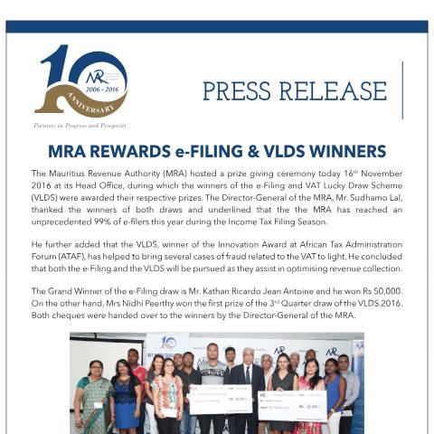 Document preview: MRA rewards e-Filing &amp; VLDS Winners — Document, Mauritius (CERFA n°PrizeGiving161116)
