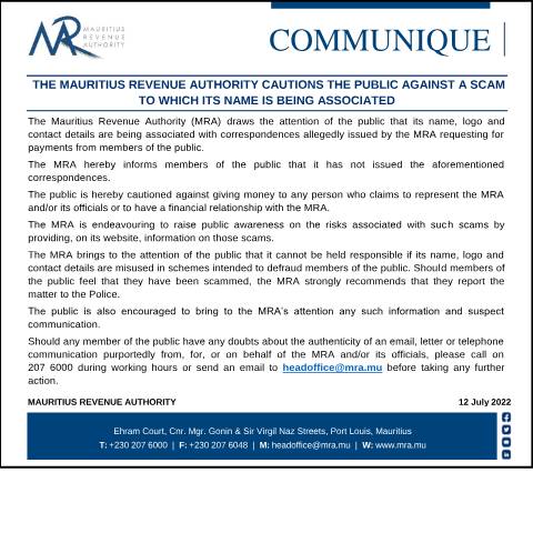 Document preview: The Mauritius Revenue Authority cautions the public against a scam to which its name is being associated (12.07.22) — Document, Mauritius (CERFA n°ScamAlert120722)