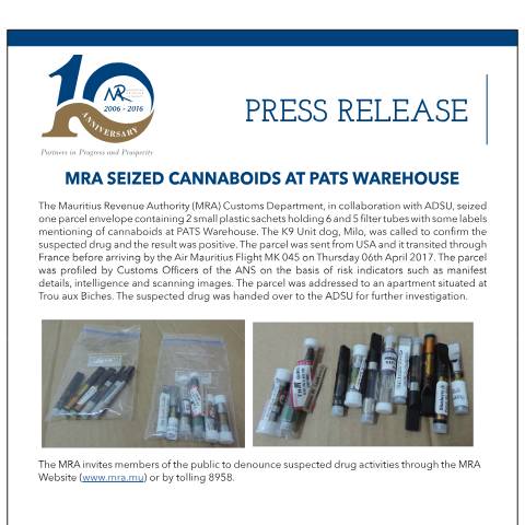 Document preview: MRA seized Cannaboids at Pats Warehouse (07.04.17) — Document, Mauritius (CERFA n°PressReleaseNo3)