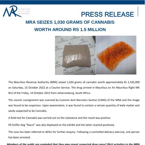Document preview: MRA seizes 1,030 grams of cannabis worth around Rs 1.5 million (27.10.22) — Document, Mauritius (CERFA n°PressReleaseSeizure261022)