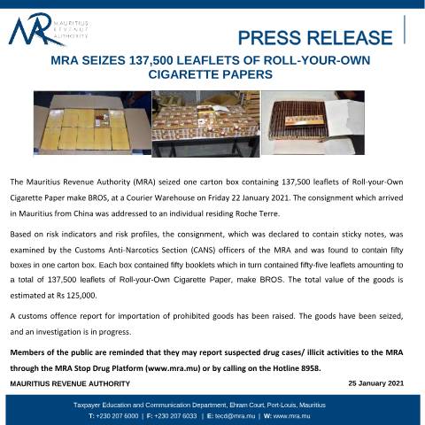Document preview: MRA seizes 137,500 leaflets of Roll-your-Own cigarette papers — Document, Mauritius (CERFA n°PressReleaseCigarettes250121)