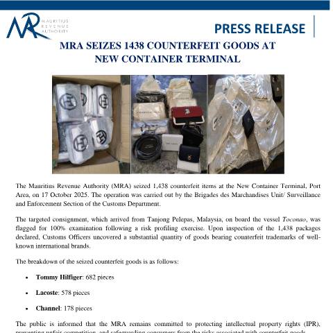 Document preview: MRA Seizes 1438 Counterfeit Goods at New Container Terminal (29.10.25) — Document, Mauritius (CERFA n°Press1438Goods)