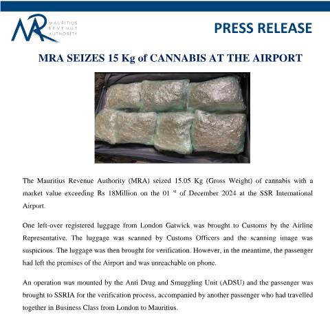 Document preview: MRA seizes 15 Kg of Cannabis at the Airport (03.12.24) — Document, Mauritius (CERFA n°PressRelease031224)