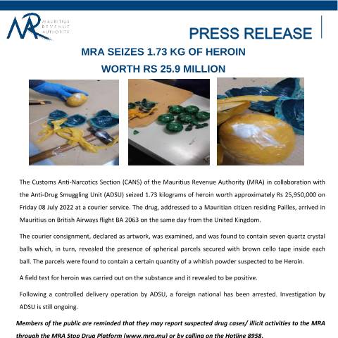 Document preview: MRA seizes 1.73 kg of heroin worth Rs 25.9 million (13.07.22) — Document, Mauritius (CERFA n°PressRelease130722)