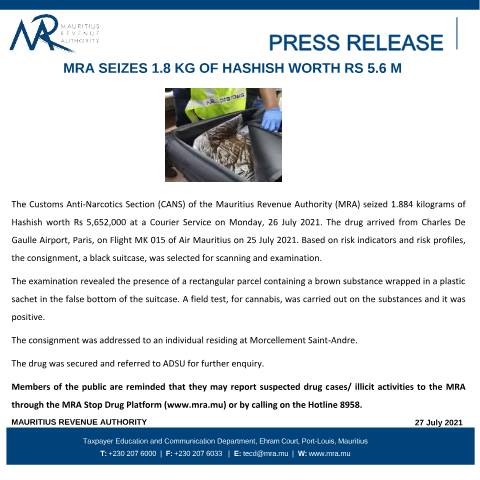 Document preview: MRA seizes 1.8 kg of Hashish worth Rs 5.6 m — Notice / Circular, Mauritius (CERFA n°CommuniqueHashish270721)
