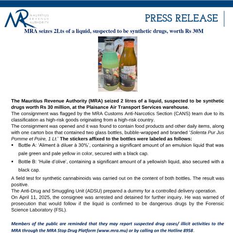 Document preview: MRA seizes 2Lts of a liquid, suspected to be synthetic drugs, worth Rs 30M (12.04.25) — Document, Mauritius (CERFA n°PressRelease120425)