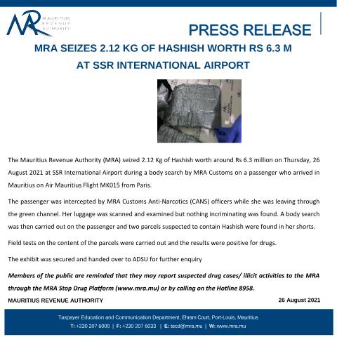 Document preview: MRA seizes 2.12 kg of Hashish worth Rs 6.3 m at SSR International Airport (26.08.21) — Document, Mauritius (CERFA n°PressRelease260821)