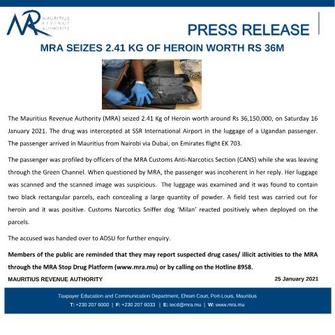 Document preview: MRA seizes 2.41 kg of heroin worth Rs 36M — Document, Mauritius (CERFA n°PressReleaseDrugSeizure250121)