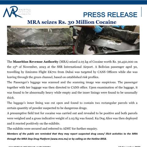 Document preview: MRA seizes Rs. 30 Million Cocaine (13.11.23) — Document, Mauritius (CERFA n°PReleaseSeizure141123)