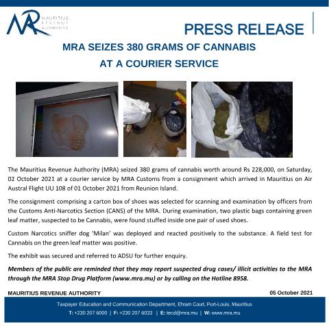 Document preview: MRA seizes 380 grams of cannabis at a courier service (05.10.21) — Document, Mauritius (CERFA n°PressRelease051021)