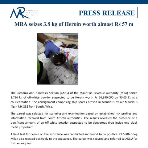 Document preview: MRA seizes 3.8 kg of heroin worth almost Rs 57 M (01.06.21) — Document, Mauritius (CERFA n°PressRelease010621)