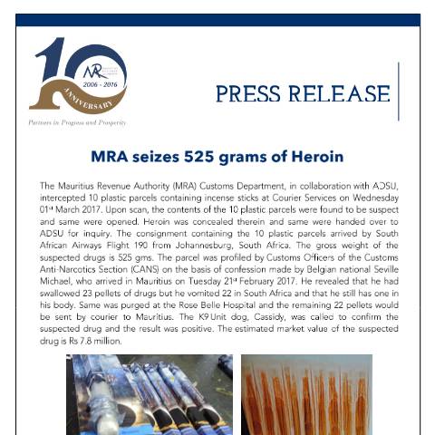 Document preview: MRA seizes 525 grams of heroin (02.03.17) — Document, Mauritius (CERFA n°PressRelease020317)