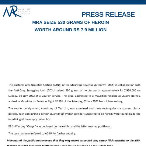 Document preview: MRA seizes 530 grams of heroin worth around Rs 7.9 million — Document, Mauritius (CERFA n°PressRelease530g)