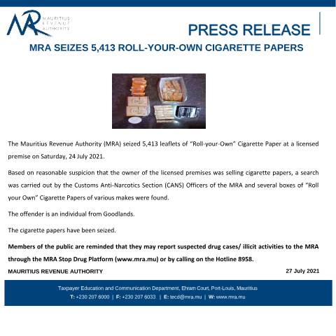 Document preview: MRA seizes 5,413 Roll-your-Own cigarette papers — Notice / Circular, Mauritius (CERFA n°CommuniqueCigarette270721)