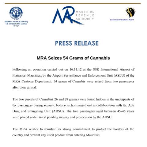 Document preview: Press Release - MRA seizes 54 grams of cannabis (19.11.2012) — Document, Mauritius (CERFA n°PressReleaseNov2012)