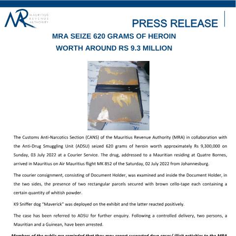 Document preview: MRA seizes 620 grams of heroin worth around Rs 9.3 million — Document, Mauritius (CERFA n°PressRelease620g)