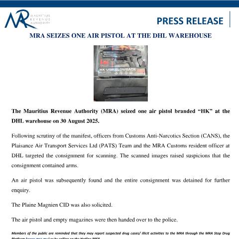 Document preview: MRA seizes one air pistol at the DHL Warehouse (01.09.25) — Document, Mauritius (CERFA n°PressRelease010925)