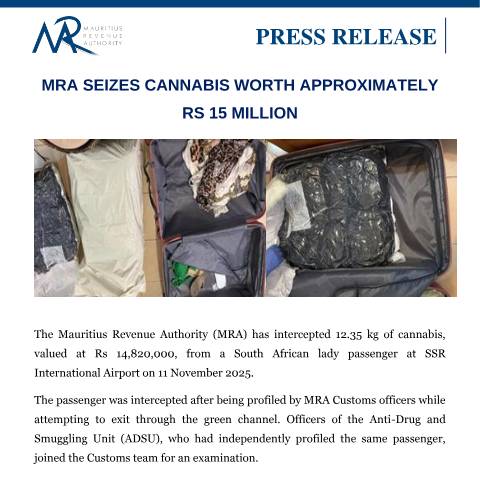Document preview: MRA seizes cannabis worth approximately Rs 15 million (17.11.25) — Document, Mauritius (CERFA n°PressRelease171125)