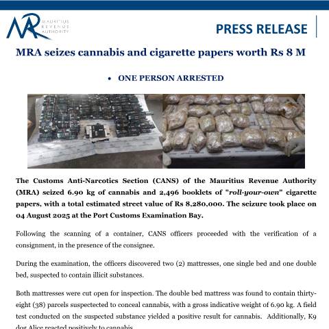 Document preview: MRA seizes cannabis and cigarette papers worth Rs 8 M (08.08.25) — Document, Mauritius (CERFA n°PressRelease080825)