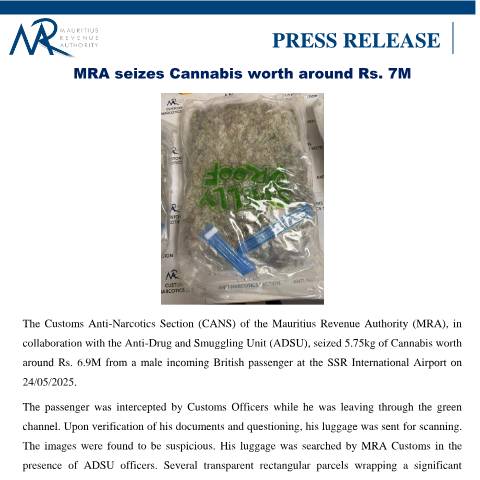 Document preview: MRA seizes Cannabis worth around Rs. 7M (28.05.25) — Document, Mauritius (CERFA n°PressRelease280525)