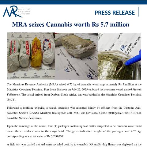 Document preview: MRA seizes Cannabis worth Rs 5.7 million (24.07.25) — Document, Mauritius (CERFA n°PressRelease240725)