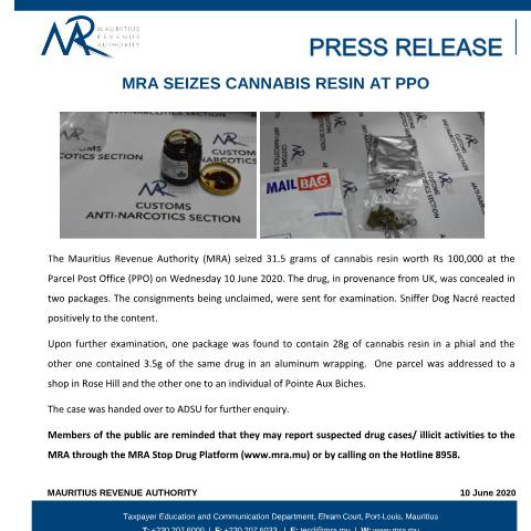 Document preview: MRA seizes Cannabis Resin at Parcel Post Office (10.06.20) — Document, Mauritius (CERFA n°PressRelease100620)