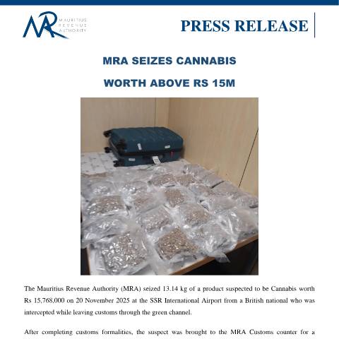 Document preview: MRA seizes Cannabis worth above Rs 15 million (21.11.25) — Document, Mauritius (CERFA n°PressRelease211125)