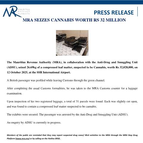 Document preview: MRA Seizes Cannabis Worth Rs 32 Million (16.10.25) — Document, Mauritius (CERFA n°PressRelease161025)