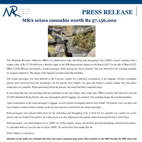 Document preview: MRA seizes cannabis worth Rs 57,156,000 (09.03.25) — Document, Mauritius (CERFA n°PressRelease090325)