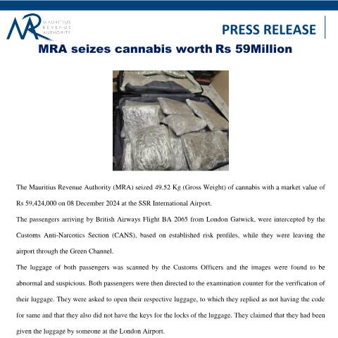 Document preview: MRA seizes cannabis worth Rs 59 Million (09.12.24) — Document, Mauritius (CERFA n°Seizure59M)