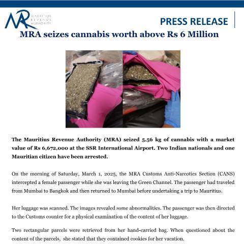 Document preview: MRA seizes cannabis worth above Rs 6 Million (03.03.25) — Document, Mauritius (CERFA n°PRelease6M)