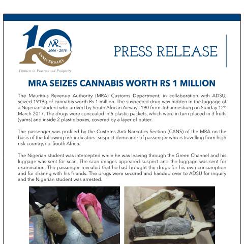 Document preview: MRA seizes Cannabis worth Rs 1 million (13.03.17) — Document, Mauritius (CERFA n°PressRelease130317)