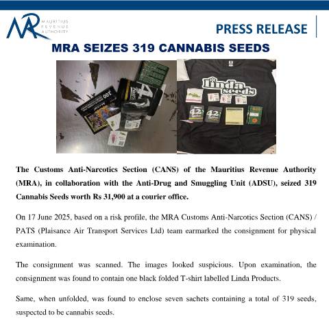 Document preview: MRA Seizes 319 Cannabis Seeds (23.06.25) — Document, Mauritius (CERFA n°PressRelease230625)