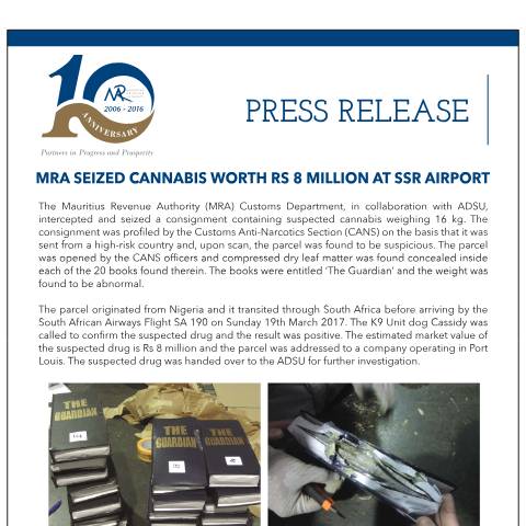 Document preview: MRA seized Cannabis worth Rs 8 million at the SSR Airport (07.04.17) — Document, Mauritius (CERFA n°PressReleaseNo4)