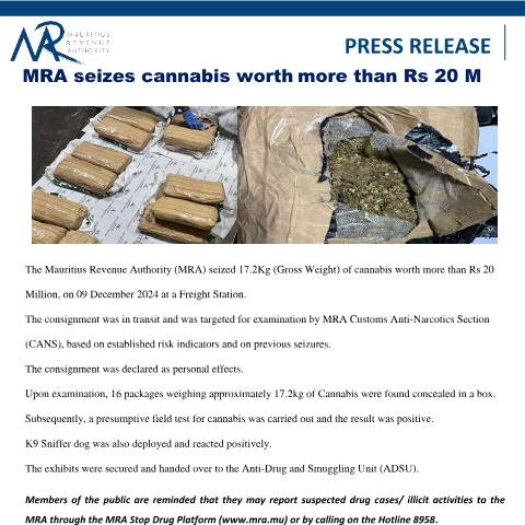 Document preview: MRA seizes cannabis worth more than Rs 20 Million (09.12.24) — Document, Mauritius (CERFA n°Seizure20M)