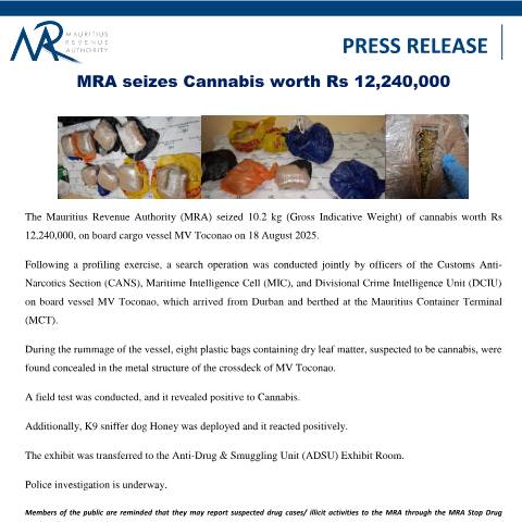 Document preview: MRA seizes Cannabis worth Rs 12,240,000 (19.08.25) — Document, Mauritius (CERFA n°PressRelease0190825)
