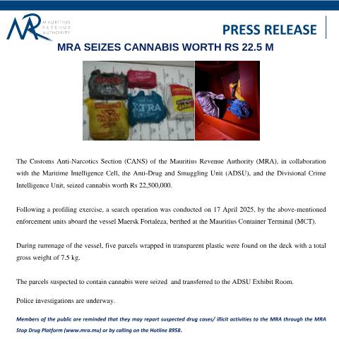 Document preview: MRA Seizes Cannabis Worth Rs 22.5 M (18.04.25) — Document, Mauritius (CERFA n°PressRelease180425)