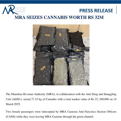 Document preview: MRA seizes cannabis worth Rs 32M (17.03.25) — Document, Mauritius (CERFA n°PressRelease170325)