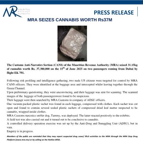 Document preview: MRA Seizes Cannabis Worth Rs 37M (18.06.25) — Document, Mauritius (CERFA n°PressRelease18062025)