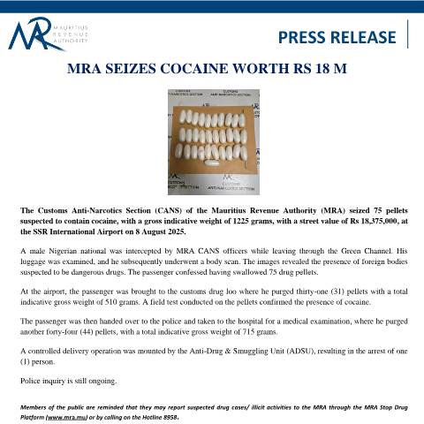 Document preview: MRA seizes cocaine worth Rs 18 M (11.08.25) — Document, Mauritius (CERFA n°PressRelease110825)