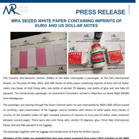 Document preview: MRA seized white paper containing imprints of Euro and US Dollar notes (09.05.22) — Document, Mauritius (CERFA n°PressRelease090522)